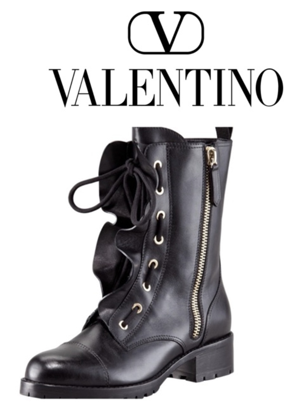 Valentino Black Ruffled Leather LaceUp Biker Combat Boots Gold Hardware US10/I40 - Picture 2 of 16